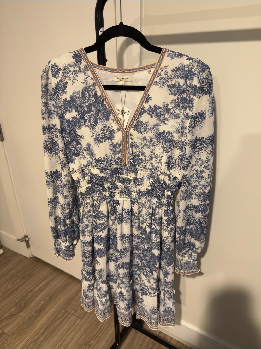 Max Studio Blue & White Floral V-Neck Smocked Midi Dress